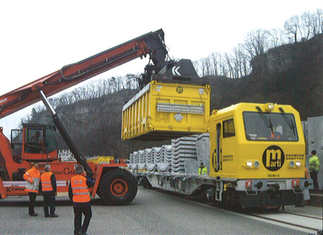 [Ein Kiescontainer wird auf den Güterwagen verladen.]